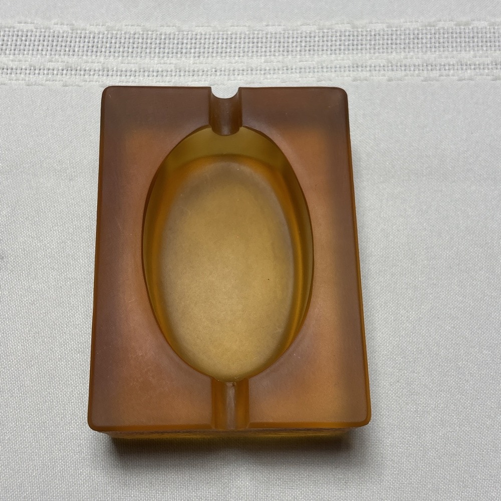 Vintage MCM Frosted Glass Ashtray 3" Amber Orange Textured Rectangle